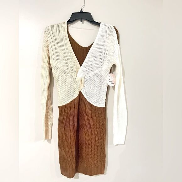 Crave Fame Juniors Colorblocked Reversible Sweater Dress Brown Cream NEW S - Picture 3 of 7